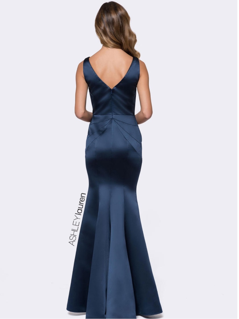 Ashley Lauren 1183 Navy Satin V-Neck Evening Gown - Picture 3 of 10